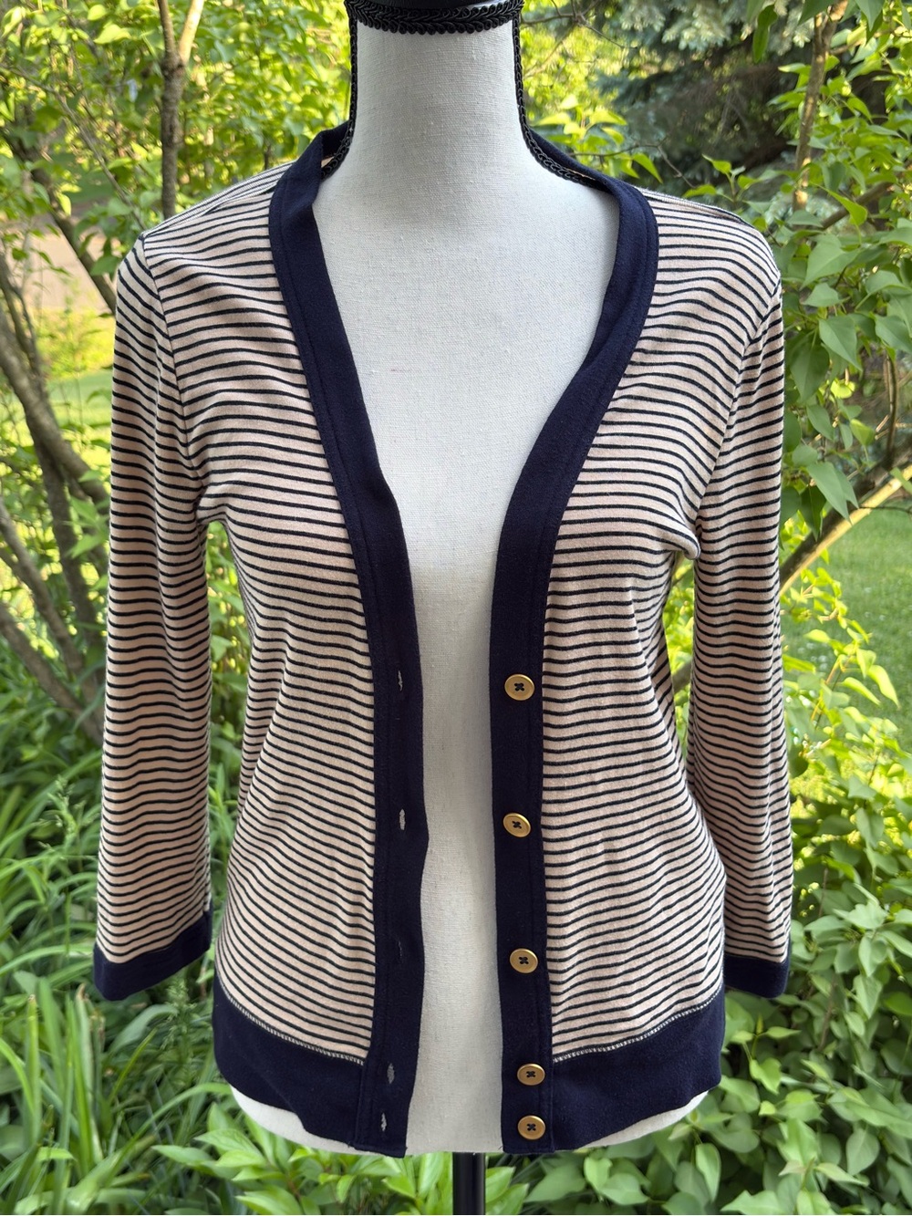 100% cotton J. Crew Beige and Navy Striped Button-Front Cardigan